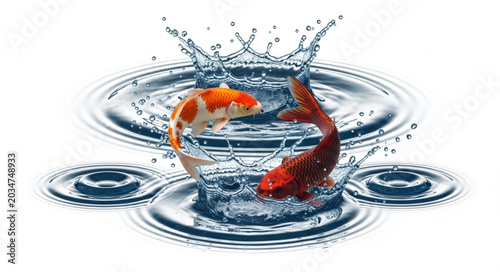 Photos Two Koi Fish Jumping Out of Water Creating Splashes.