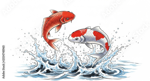 Two Koi Fish Jumping Out of Water.