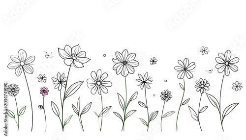 Black and white line art of various daisies and small flowers on slender stems, some with touches of color