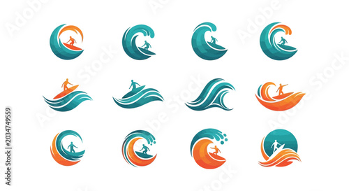Photography Collection of modern surfing wave logos and icons on white background
