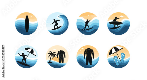 Fotografie Surfing and beach lifestyle vector icons set in circular frames.