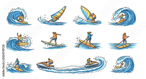 Set of hand drawn water sports illustrations including surfing, windsurfing, SUP and jet ski