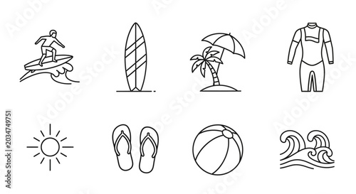 Foto Surfing and summer beach line icons set vector illustration