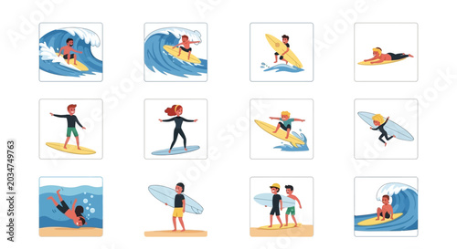 Photography Collection of diverse people enjoying surfing and beach activities