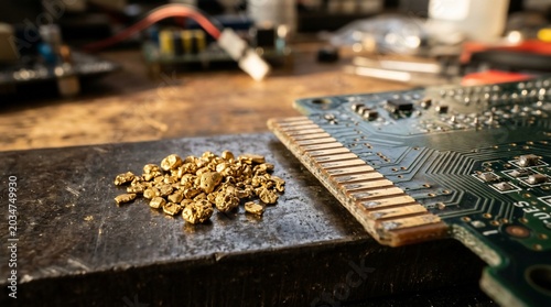 Gold Nuggets and Recycled Electronic Circuit Board Components.