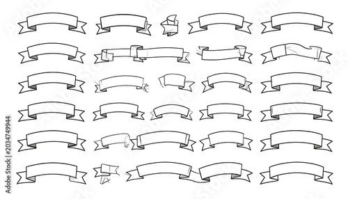 Black and white line art of various ribbon designs. Each ribbon is unique, ranging from simple shapes to curled variations