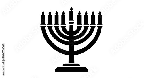 Foto Black Menorah with Lit Candles on White Background - Hanukkah Symbol