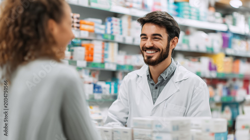 Friendly pharmacist smiling pharmacist helpful pharmacist happy customer pharmacy counter medical consultation drugstore interior healthcare