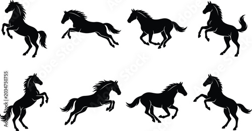 Bild auf Leinwand Elegant black horse silhouettes in dynamic running, jumping, and rearing poses f