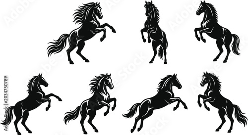 Bild auf Leinwand Elegant black horse silhouettes in dynamic rearing and galloping poses symbolizi
