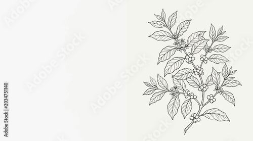 Bild auf Leinwand Detailed hand drawn sketch of a coffee plant branch with leaves and berries