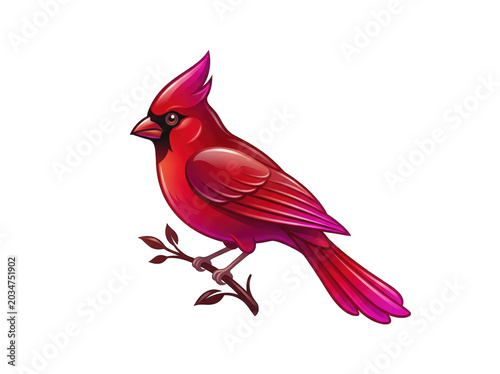 Vibrant Red Northern Cardinal Bird Perched on Branch Isolated on Transparent Background