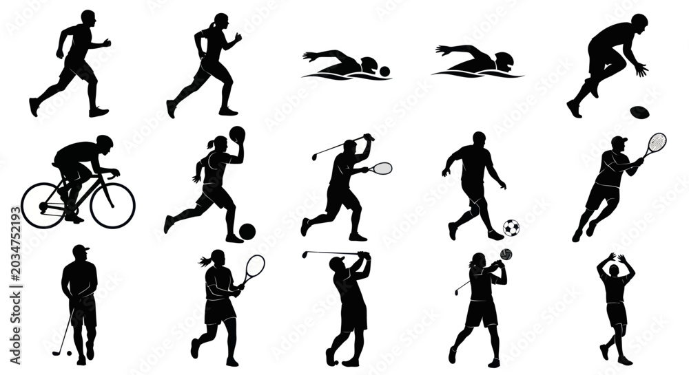 Fototapeta premium Sports Silhouettes: Diverse Athletes in Action - Running, Swimming, Cycling, Golf, Tennis, Soccer
