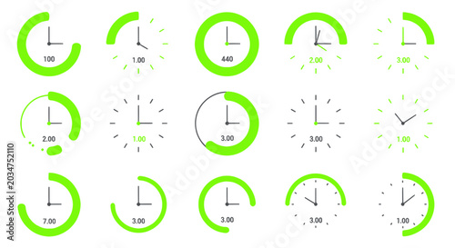 Foto Green Clock Icons Set - Time Management, Countdown, Deadline, Planning, Schedule