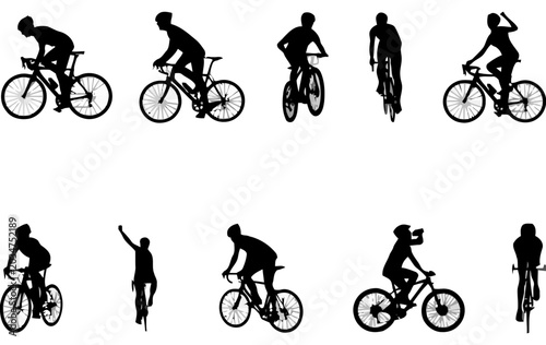 Cyclist silhouette collection, various riding poses on white background
