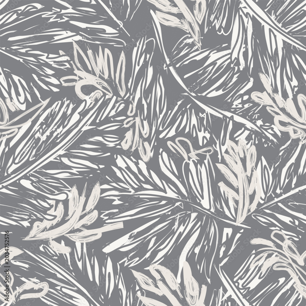 Fototapeta premium Palm Tree Leaf Botanical Brushstroke Surface Pattern Design In Gray And White For Fashion And Home Textiles