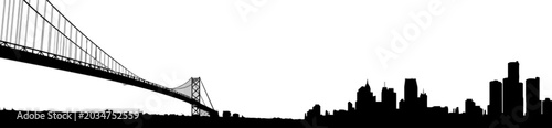 Detroit Skyline and Ambassador Bridge Silhouette on White Background