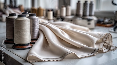Elegant Silk Fabric Draped on Table Surrounded by Spools of Thread in a Bright Studio Environment