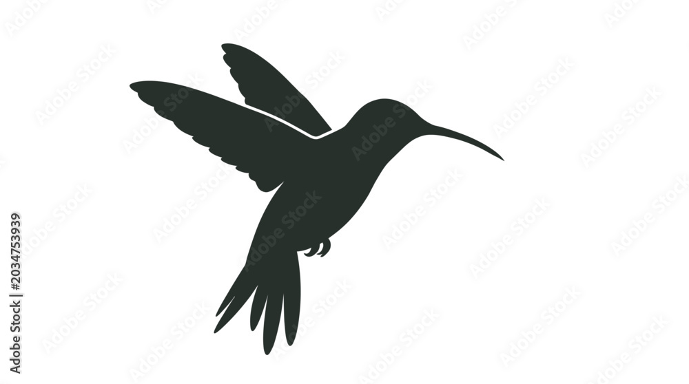 Obraz premium Hummingbird In Flight Black Silhouette Against White Background