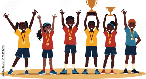 Diverse group of children in colorful sportswear celebrating with trophies