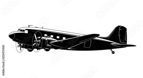 Tableau sur toile Vintage Twin-Engine Propeller Aircraft Silhouette