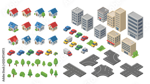 Foto Isometric city constructor kit with houses, buildings, cars, trees, and roads for urban design