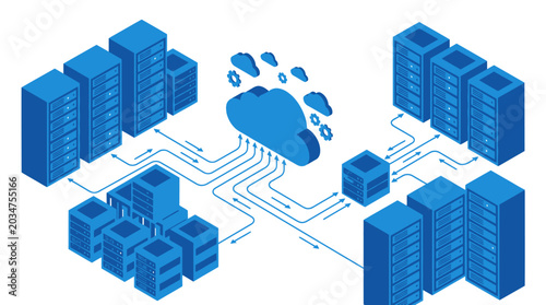 Obraz na płótnie Cloud computing infrastructure with server racks and data centers connected to a central cloud icon, representing network and data storage