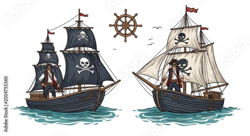 Foto Two Pirate Ships Sailing on the Ocean with a Ships Wheel.