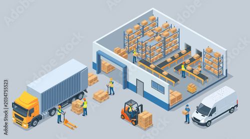 Foto Isometric illustration of a busy warehouse with workers, trucks, and forklifts handling packages for logistics and delivery operations