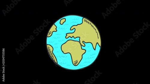 Hand-drawn animated Earth globe doodle style, Alpha Channel
