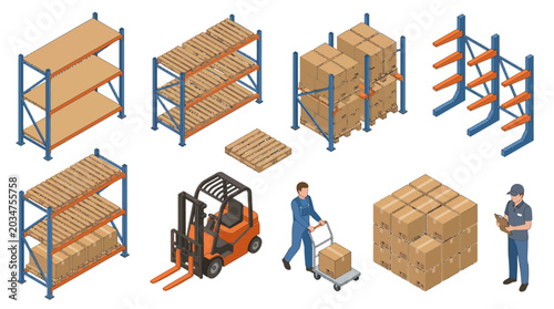 Fotografia Isometric warehouse elements set with storage racks, forklift, worker, and cardboard boxes for logistics and inventory management