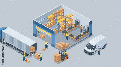 Foto Isometric warehouse logistics and delivery process with workers, trucks, and forklifts handling packages for shipping and distribution
