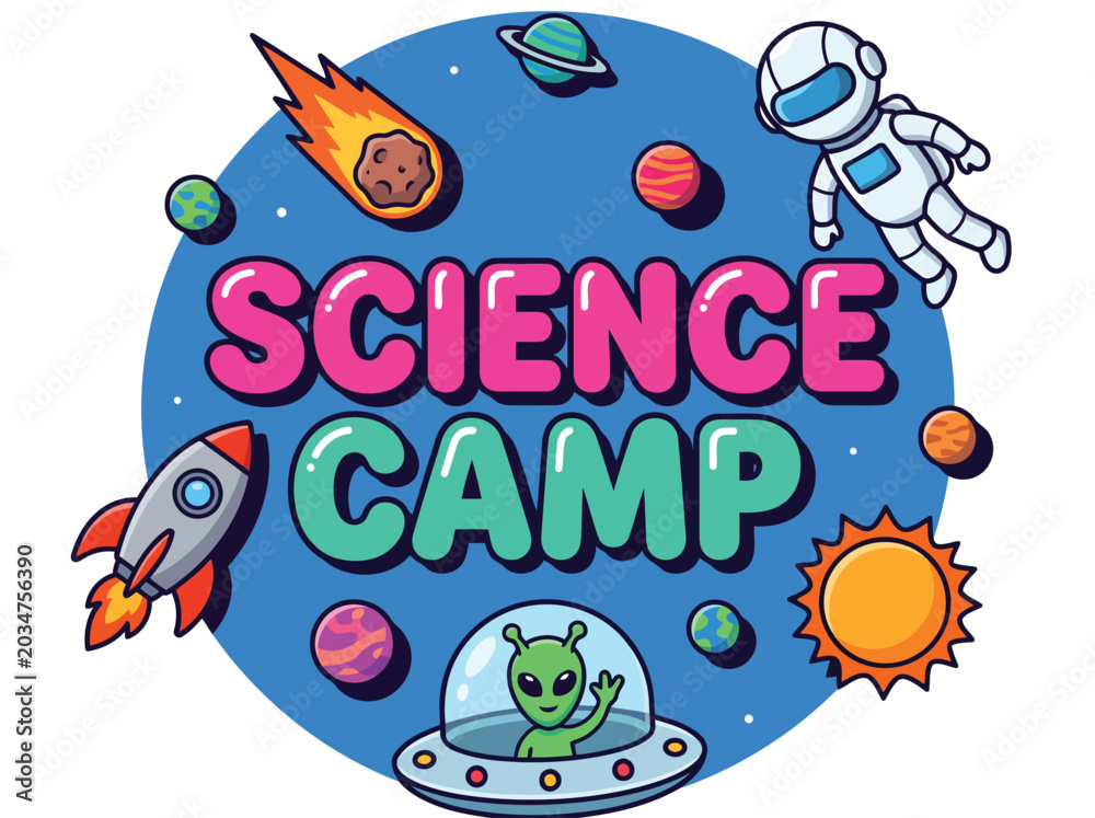 Fototapeta premium Science Camp Education Poster Illustration with Space Astronaut Rocket and Alien