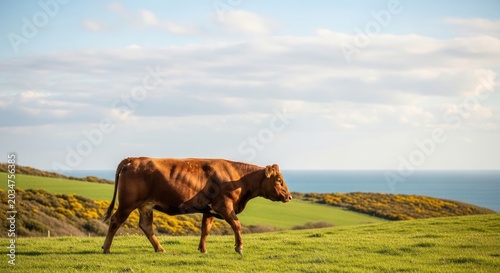 A brown cow is walking on a lush green field with a serene ocean in the background.