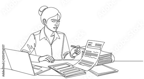 Foto Continuous line drawing of a focused businesswoman working at her desk with laptop and documents
