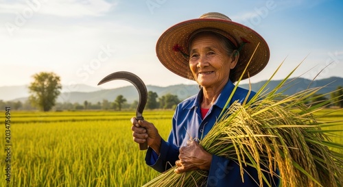 A woman wearing a straw hat and holding a sickle in a field of tall grass, with mountains in the background.