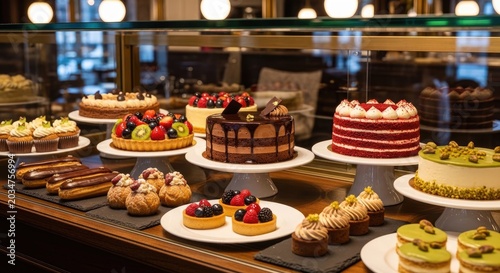 A vibrant display of desserts and pastries, showcasing a variety of sweet treats and intricate designs.