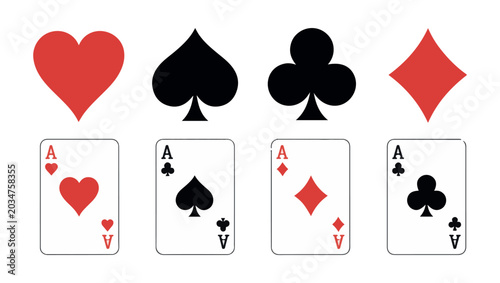 Tableau sur toile Four ace playing cards with different suits and one set of card suits on white background