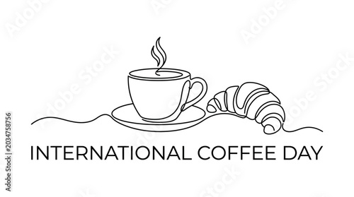 Foto Continuous one line drawing of a coffee cup and croissant for International Coffee Day