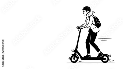 Foto A business woman commuting on an electric scooter in a hand drawn illustration style