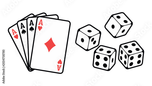 Vászonkép Four aces playing cards with rolling white dice showing various pips for gambling and casino concepts set
