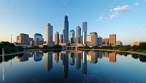 Omaha Nebraska Skyline Reflected in Calm Water at Sunset.
