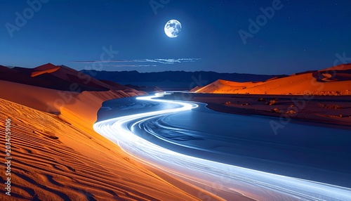 Night desert landscape, glowing river winds through dunes, illuminated by a bright full moon