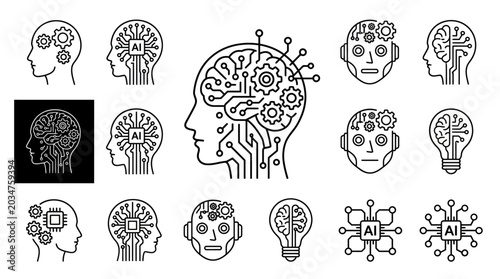 Artificial Intelligence Brain Technology Icons Set.