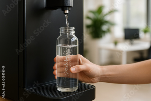 Hand filling reusable glass bottle with crystal clear filtered water from modern black countertop dispenser promoting sustainable hydration and healthy lifestyle habit