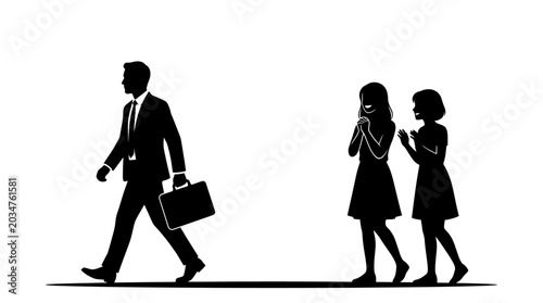 Foto Silhouette illustration of a businessman walking past two whispering women
