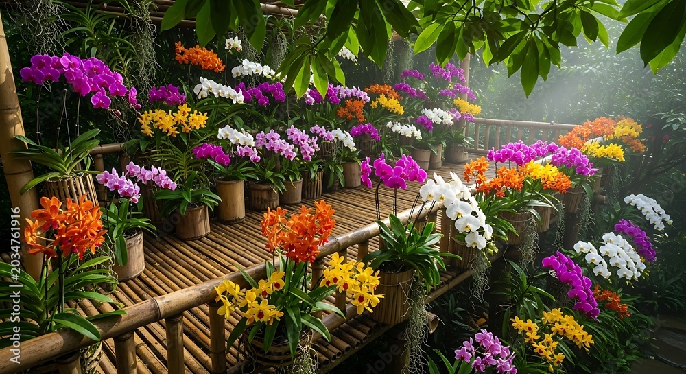 Fototapeta premium A breathtaking display of colorful orchids in full bloom, arranged on bamboo shelves within a lush, misty botanical garden setting.