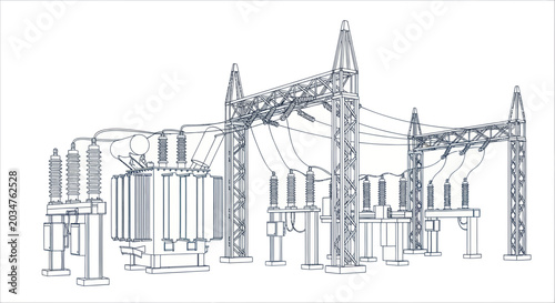 Photos Electrical substation with transformer and power lines, wireframe illustration