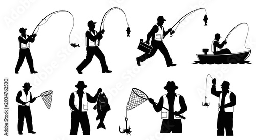Konstfotografi Fishing Silhouettes: Man with Rod, Net, Boat, and Catch