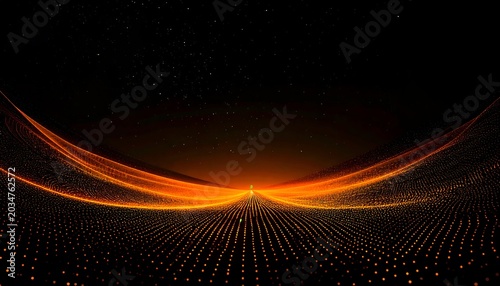 Orange illuminated lines arc over a dotted grid under a starry, dark sky